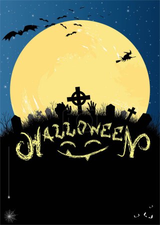 Illustration for Halloween invitation or card in blue and black with cemetery, bats, witch and big moon - Royalty Free Image