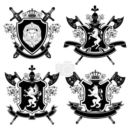 Ilustración de Conjunto de emblemas heráldicos con elementos medievales reales. - Imagen libre de derechos