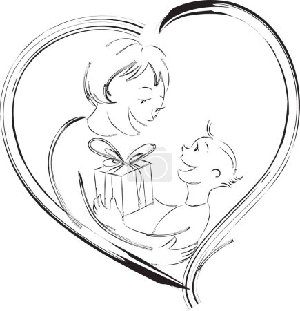 Téléchargez les illustrations : Heureux mère et fils avec cadeau dans le cœur - en licence libre de droit