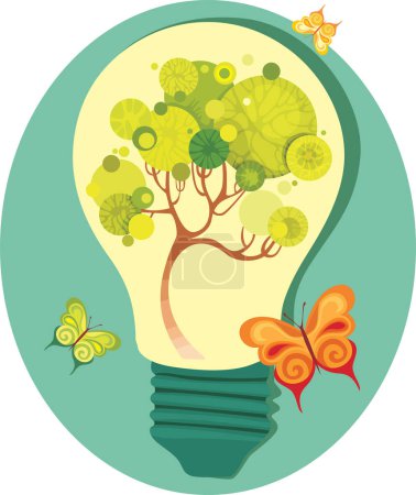 Téléchargez les illustrations : Ampoule avec arbre et papillons - en licence libre de droit