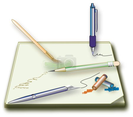 Ilustración de Ilustración de un lápiz, papel y un bolígrafo sobre fondo blanco - Imagen libre de derechos