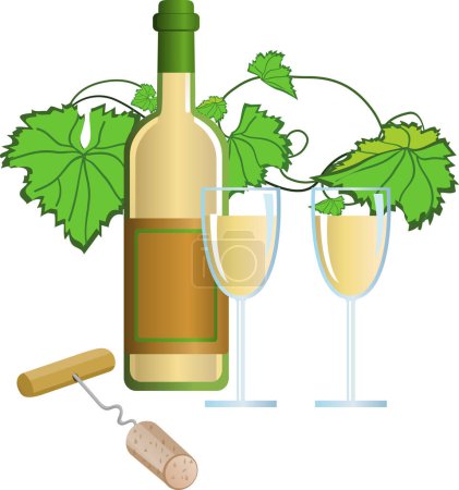 Téléchargez les illustrations : Bouteille de vin avec feuilles de raisin et tire-bouchon - en licence libre de droit