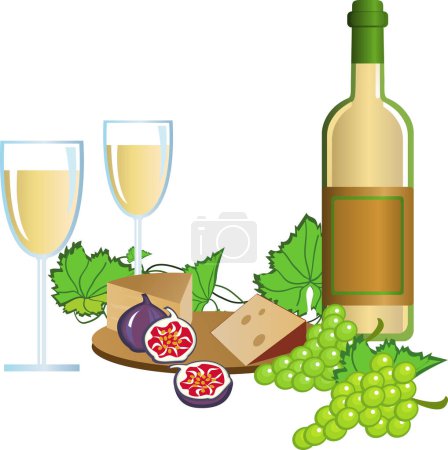 Téléchargez les illustrations : Bouteille de vin, raisins et fromage - en licence libre de droit