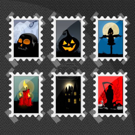 Téléchargez les illustrations : Cartes d'Halloween, timbres, vecteur - en licence libre de droit
