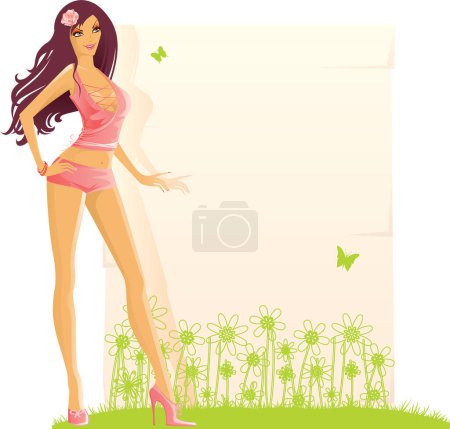 Téléchargez les illustrations : Belle fille dans le champ d'herbe - en licence libre de droit