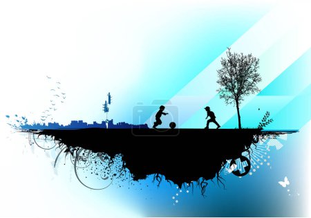 Illustration for Vector illustration of style urban background with two children playing football - Royalty Free Image