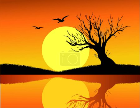 Ilustración de Silueta de un árbol en la orilla del lago al atardecer - Imagen libre de derechos