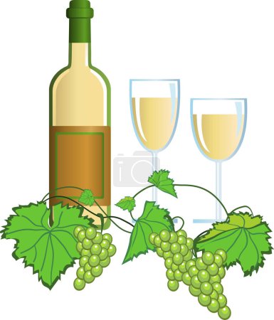 Téléchargez les illustrations : Bouteille de vin, raisin et bouquet de vin blanc - en licence libre de droit