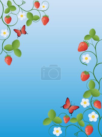 Téléchargez les illustrations : Fond floral avec des fraises et des papillons - en licence libre de droit