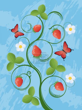 Téléchargez les illustrations : Fond floral aux fraises, illustration vectorielle moderne - en licence libre de droit