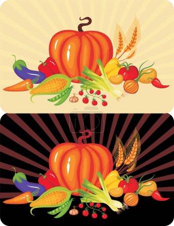 Téléchargez les illustrations : Illustration vectorielle de la fête de la récolte avec des citrouilles et des cors. carte de jour de thanksgiving - en licence libre de droit
