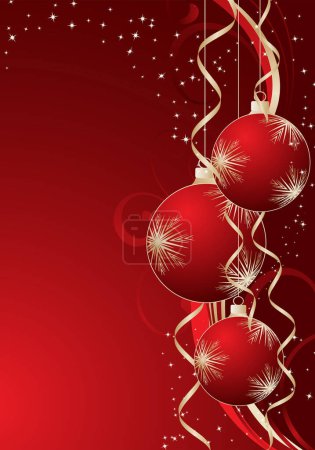 Illustration for Christmas card with red balls and golden ribbons, vector - Royalty Free Image