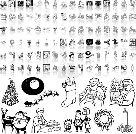 Téléchargez les illustrations : Ensemble vectoriel de personnes heureuses. icônes doodle noir et blanc avec des photos de personnes avec des photos de Noël et de la nouvelle année. - en licence libre de droit