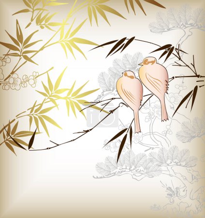 Téléchargez les illustrations : Illustration d'un fond avec des branches avec des oiseaux - en licence libre de droit