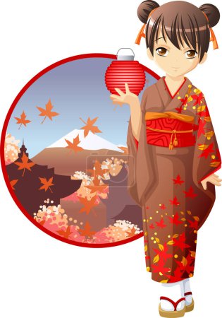 Illustration for Japanese autumn girl with maple leaves - Royalty Free Image