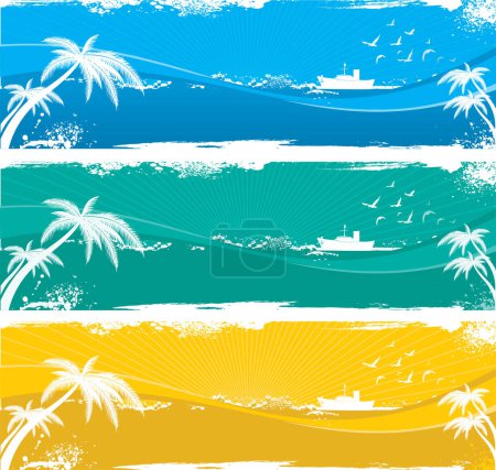 Téléchargez les illustrations : Ensemble de bannières d'été avec palmiers et vagues - en licence libre de droit