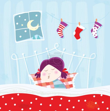 Téléchargez les illustrations : Noël fille et père Noël sur un lit - en licence libre de droit