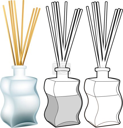 Illustration for Set of bamboo sticks and aroma bottles - Royalty Free Image