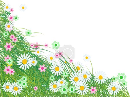 Ilustración de Prado de primavera con margaritas, hierba, flores - Imagen libre de derechos