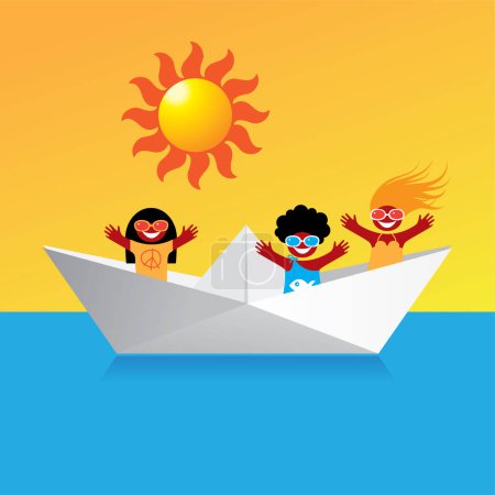 Téléchargez les illustrations : Enfants heureux sur un bateau en papier dans la mer - en licence libre de droit