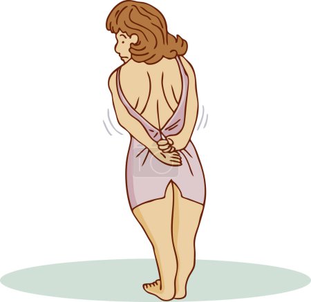 Ilustración de Una imagen de una mujer tratando de usar un vestido que no se ajusta a ella. - Imagen libre de derechos