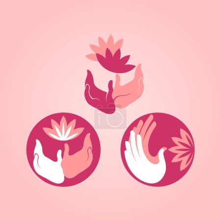 Illustration for Set of vector logo elements with hands and flower on pink - Royalty Free Image