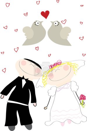Téléchargez les illustrations : Mignon couple en amour avec oiseaux ci-dessus - en licence libre de droit