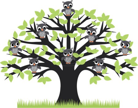 Téléchargez les illustrations : Illustration vectorielle de chouettes de dessin animé mignon assis sur l'arbre - en licence libre de droit