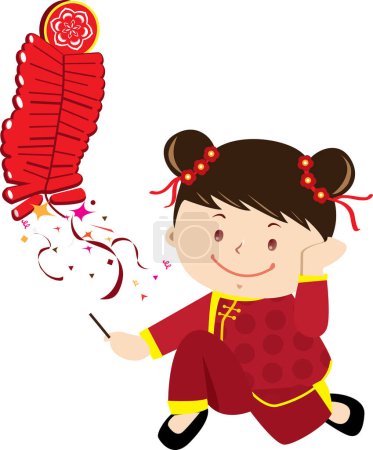 Téléchargez les illustrations : Illustration vectorielle d'une fille avec un pétard chinois et des feux d'artifice - en licence libre de droit