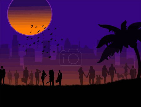 Ilustración de Las siluetas de las personas sobre el fondo de la ciudad de noche, las siluetas. - Imagen libre de derechos