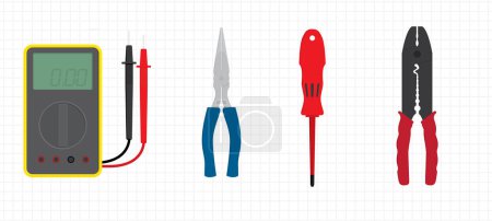 Ilustración de Conjunto de herramientas básicas del electricista - Multímetro, Alicates, Destornillador, Pelacables - Imagen libre de derechos