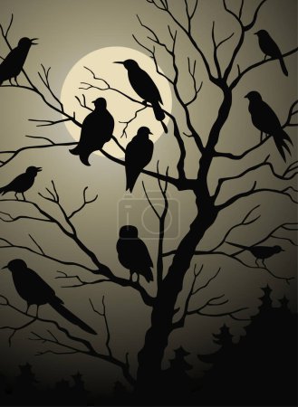 Illustration for Silhouette of a crows on a branches with a full moon - Royalty Free Image