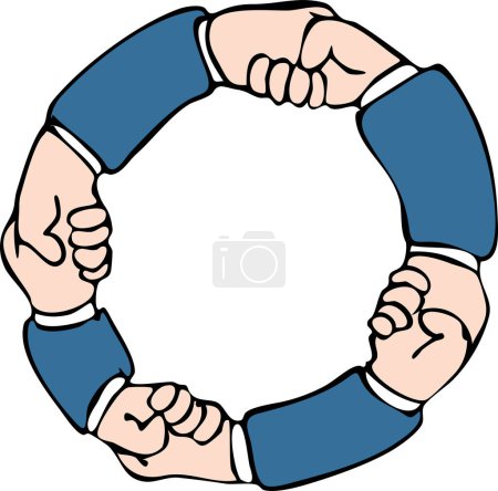 Ilustración de Mano sosteniendo un icono de círculo azul. garabato ilustración dibujada a mano - Imagen libre de derechos