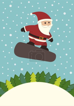 Téléchargez les illustrations : Carte de Noël avec santa claus sur snowboard. fond d'hiver. - en licence libre de droit