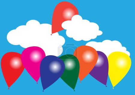 Téléchargez les illustrations : Fond d'été - Ballons de couleur sur le ciel bleu - en licence libre de droit