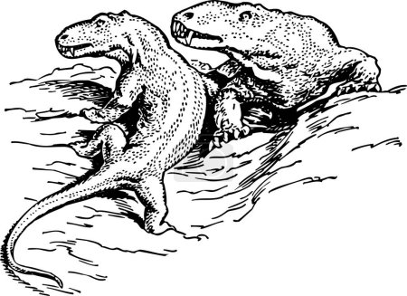 Illustration for Two dinosaurs are having fun, they are in the middle, engraving line drawing or engraving illustration. - Royalty Free Image
