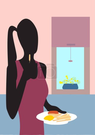 Téléchargez les illustrations : Jeune femme dans la cuisine prendre le petit déjeuner - en licence libre de droit