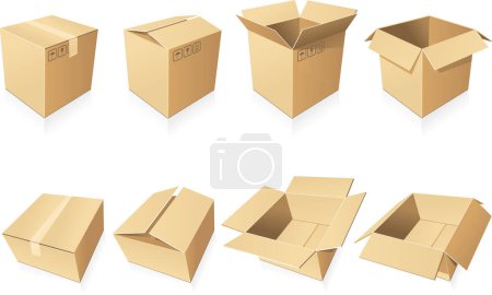 Téléchargez les illustrations : Collection de boîtes en carton sur fond blanc. ensemble de diverses boîtes en carton pour le transport. illustration vectorielle. - en licence libre de droit