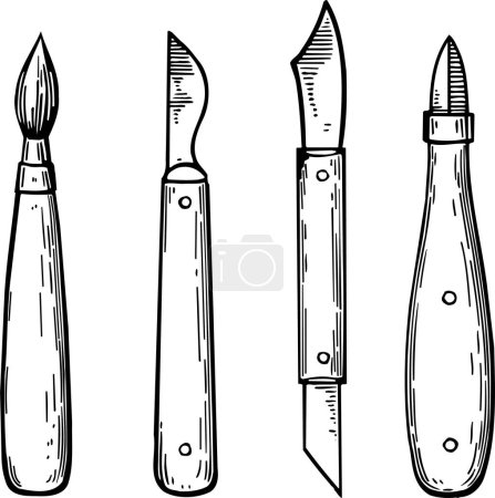 Téléchargez les illustrations : Illustration en noir et blanc des outils de l'artiste isolés sur blanc - en licence libre de droit