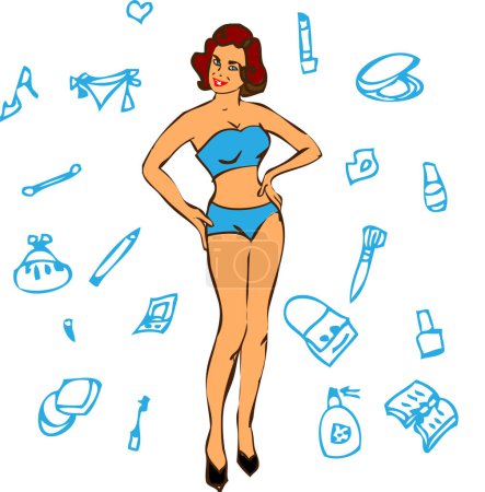 Téléchargez les illustrations : Illustration vectorielle de la fille en bikini, rétro - en licence libre de droit