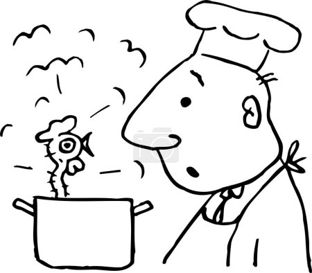 Téléchargez les illustrations : Dessin animé homme cuisinier avec poule en pot - en licence libre de droit