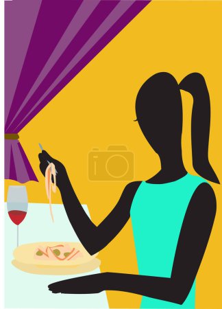 Téléchargez les illustrations : Femme au restaurant, boire du vin et manger - en licence libre de droit