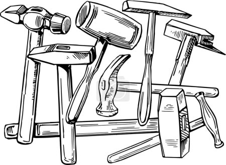 Ilustración de Mano - ilustración dibujada de un conjunto de martillos de herramientas de construcción - Imagen libre de derechos