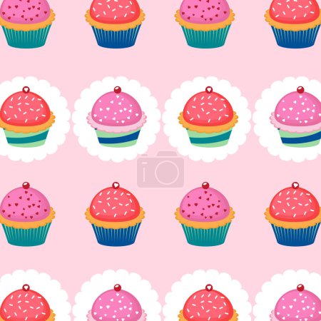 Téléchargez les illustrations : Doux et savoureux cupcake fond sans couture - en licence libre de droit