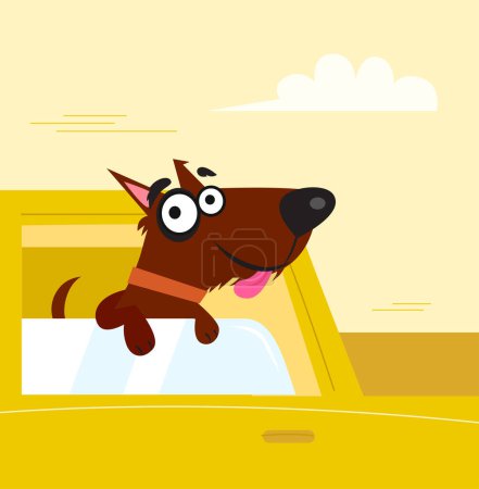 Téléchargez les illustrations : Drôle de chien en voiture. illustration vectorielle de dessin animé drôle - en licence libre de droit