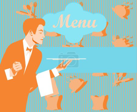 Téléchargez les illustrations : Serveur avec modèle de menu dans le restaurant - en licence libre de droit