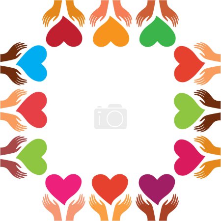 Illustration for Colorful illustration of human hands holding bright hearts, frame with copy space - Royalty Free Image