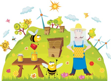Téléchargez les illustrations : Apiculteur avec des abeilles sur le terrain - en licence libre de droit
