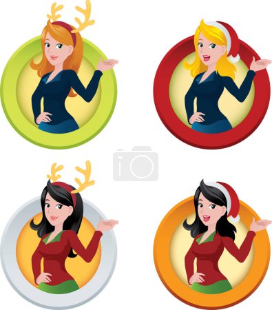 Ilustración de Un conjunto de botones temáticos de Navidad con un personaje de dibujos animados mujer de negocios. Perfecto para web, banner y carteles. - Imagen libre de derechos