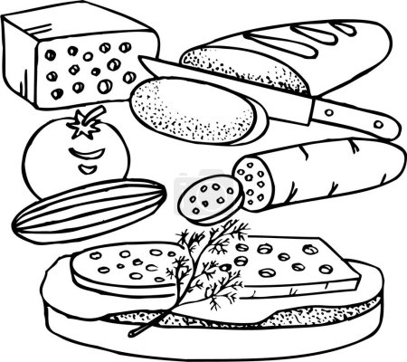 Illustration for Black and white illustration of food ingredients for making sandwich isolated on white - Royalty Free Image